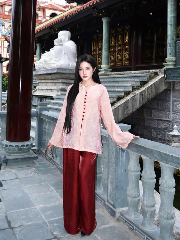 Set pháp phục cổ V cúc bọc - xanh, hồng