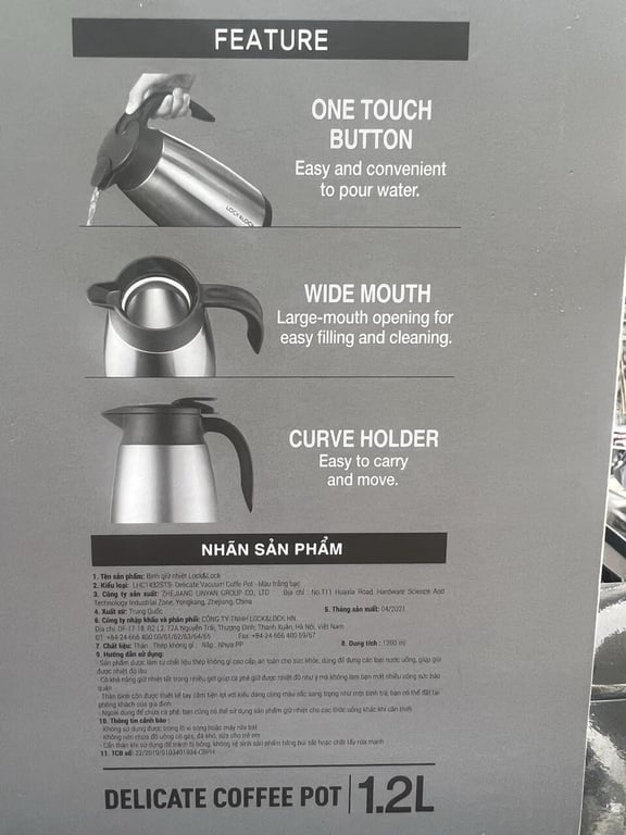 BÌNH ĐỰNG CAFE GIỮ NHIỆT LOCK&LOCK DELICATE LHC1432  1.2L