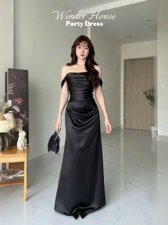 Đầm lụa thiết kế xếp ly phần tay trễ vai Brand Wonderhouse