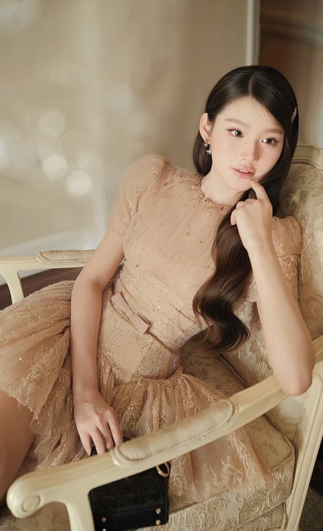 ChouChou - Váy ren nâu đính đá nơ eo - sz S