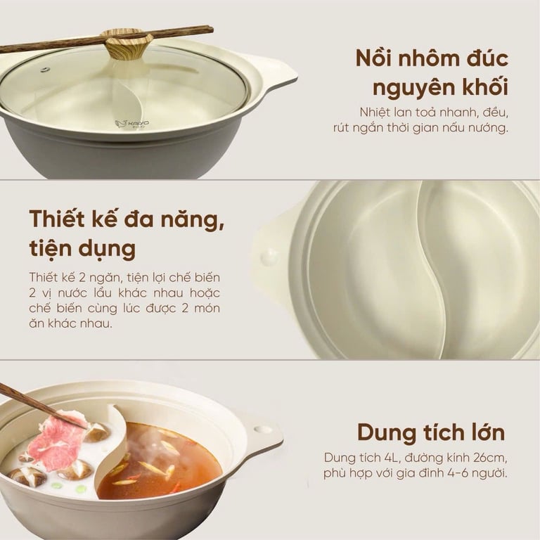 Nồi lẩu nhôm đúc 2 ngăn 26cm Kaiyo