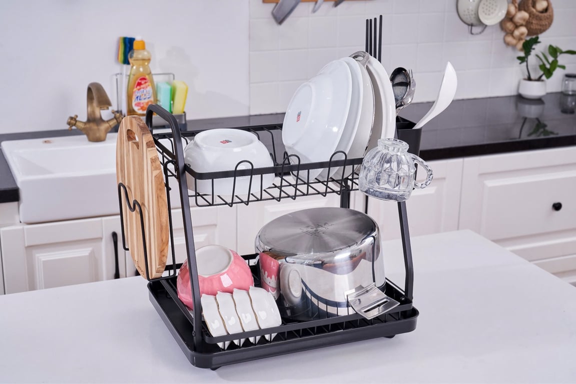 Giá úp bát 2 tầng có khay hứng thoát nước mọi hướng Kaiyo