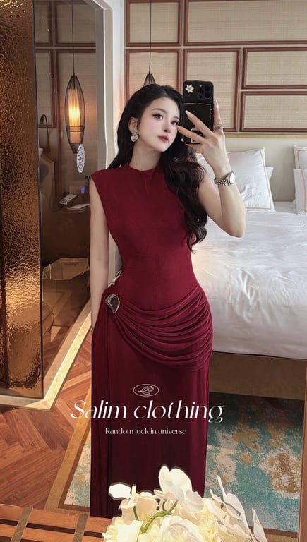 Váy dài đỏ cộc tay chít eo size M - DT165