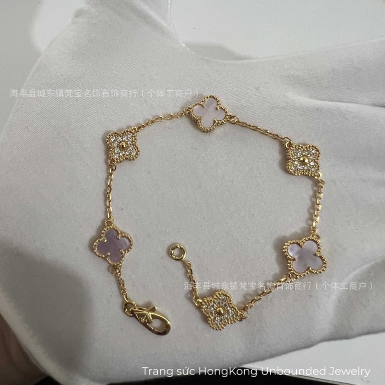 Lắc tay Van Cleef mini 9mm - hồng nhạt phối kim cương dây vàng