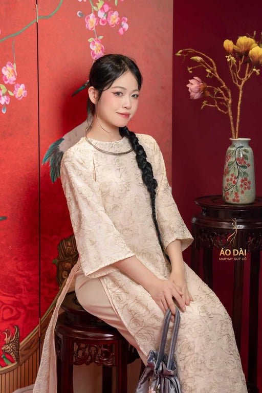Áo dài hoa nhũ kem s,l