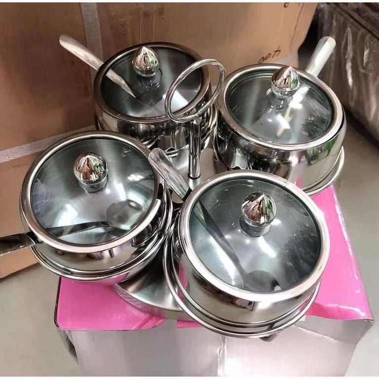 SET HŨ GIA VỊ INOX NẮP KÍNH KÈM KỆ