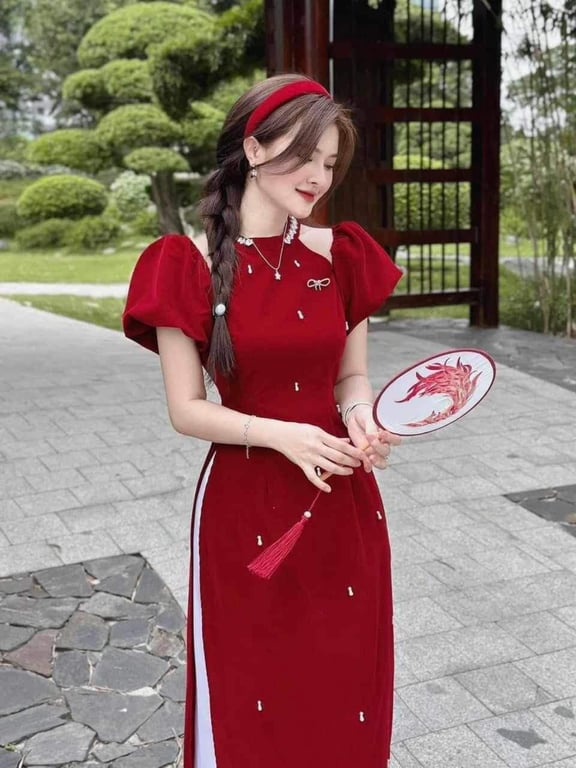 Áo dài nhung tay dún