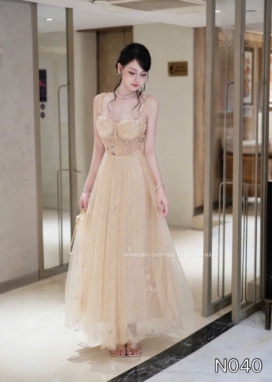 N040- váy dài cúp ngực đính hạt