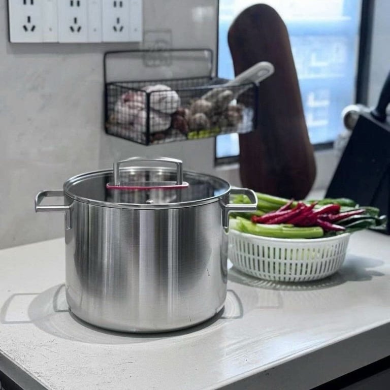 Nồi thành cao nhám mờ nắp viền đỏ 22cm inox18/10 - S363