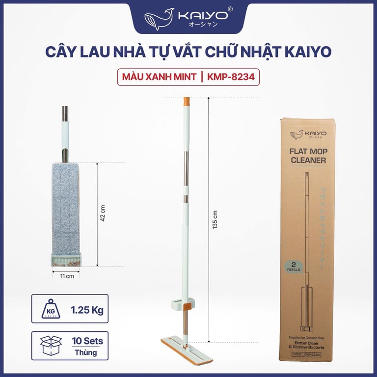 Cây lau nhà tự vắt tích hợp gốm ion diệt khuẩn và gạt nước thông minh Kaiyo