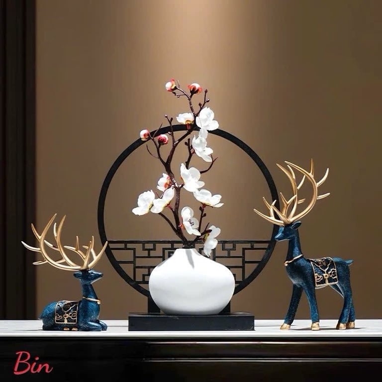 Bộ Bình Hoa Gốm Cao Cấp Kèm Bình Phong Cổ Trang Decor Tết 2025