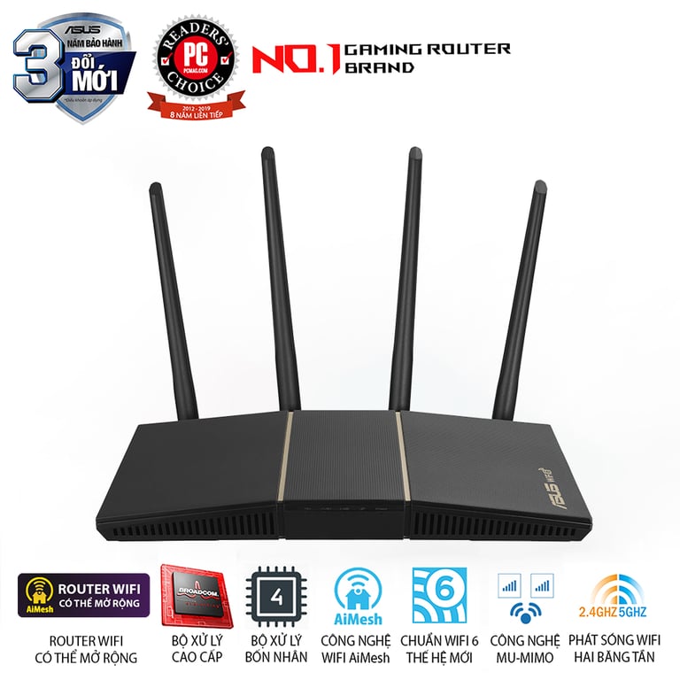 Bộ Định Tuyến Wifi 6 Asus RT-AX57 (Chuẩn AX/ AX3000Mbps/ 4 Ăng-ten ngoài/ Wifi Mesh/ 45User)
