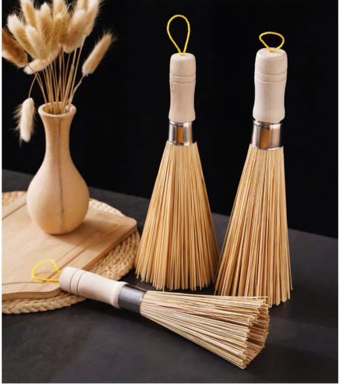Chổi cọ nồi cọ chảo cán gỗ chổi tre cọ