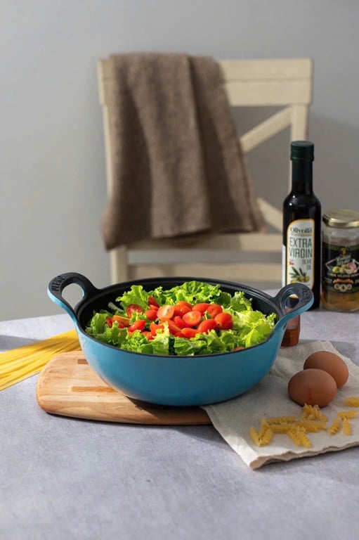 Chảo gang OCENO sâu lòng kèm vung kính (màu đỏ, màu xanh)sz 20-25cm