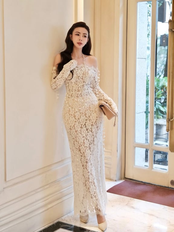 Váy ren dài tay trắng - DT196