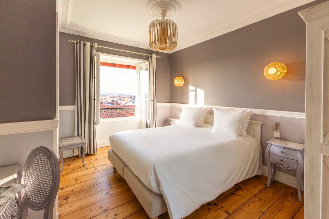 Bedroom at the Saint-Julien in Biarritz, window open onto the rooftops