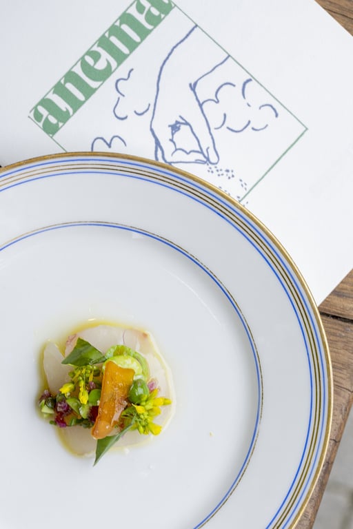 Une assiette de la Table Anema, poisson cru, fleurs et herbes, sur la carte illustrée