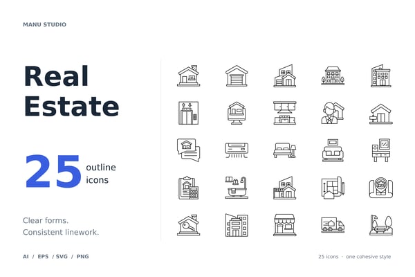 Real Estate Icon Set – 25 Property & Housing Line Icons