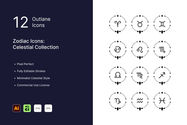 12 Minimalist Zodiac & Astrology Outline Icon Set (Figma, AI, SVG, Affinity)