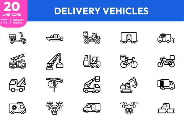 Delivery utility scooter, boat, tractor, crane, ambulance, motorcycle, helicopter, truck, drone, excavator. Editable stroke. Vector illustration.