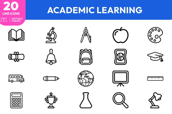Book, microscope, compass, paintbrush, telescope, bell, backpack, globe, projector, ruler, calculator, trophy, beaker, magnifying glass, and lamp educational academic design.