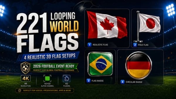 221 Looping World Flags for After Effects – 4 Realistic 3D Setups, Keyed