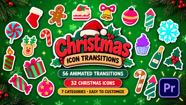 Christmas Icon Transitions for Premiere Pro MOGRT – 56 Animations & 32 Festive Icons