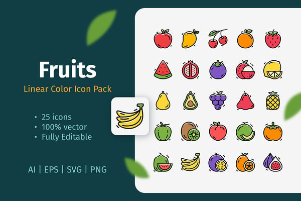 25 Fruits Linear Color Icon Pack