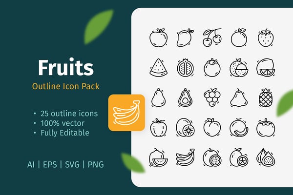 25 Fruits Outline Icon Pack