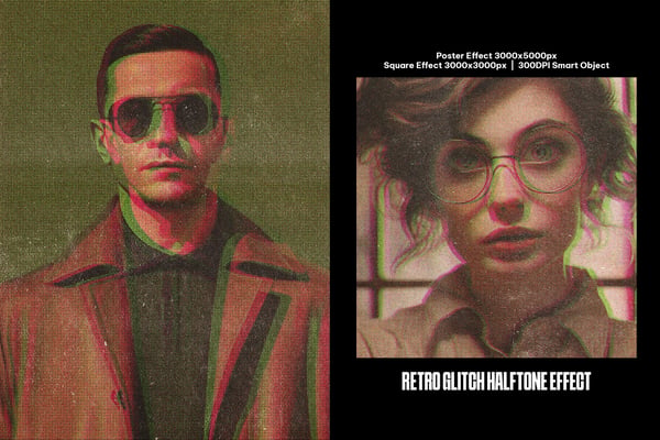 Retro Glitch Halftone Square And Poster Photo Effect
