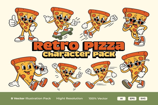 Funny Pizza Character Illustration Pack – 8 Editable Food Vector Characters