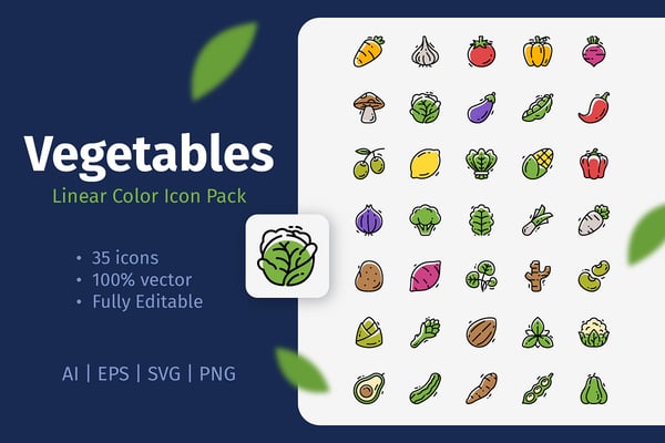 35 Vegetables Linear Color Icon Pack