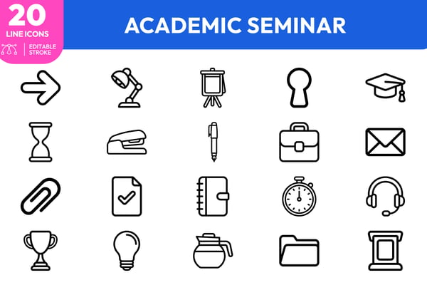 Seminar Tools projector, diploma, timer, notebook, briefcase, envelope, clock, trophy, lamp, pencil, key, folder, headphones, coffee pot. Editable stroke. Vector illustration.
