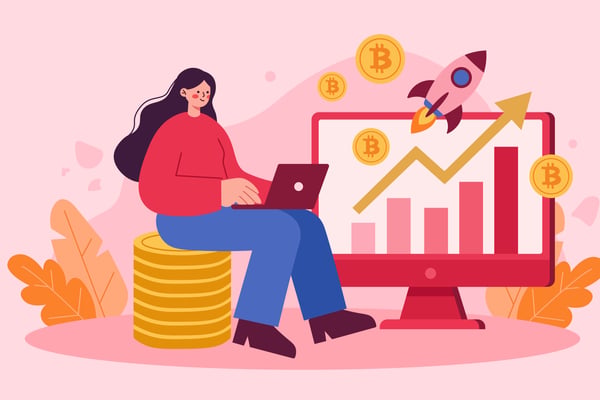 Woman investing in cryptocurrency rising market chart illustration.