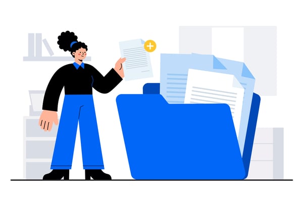 Office Organization folder, plus, person, bookshelf. Editable stroke. Vector illustration.