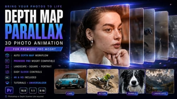 3D Photo Maker MOGRT for Premiere Pro – Depth Map Parallax Photo Animation