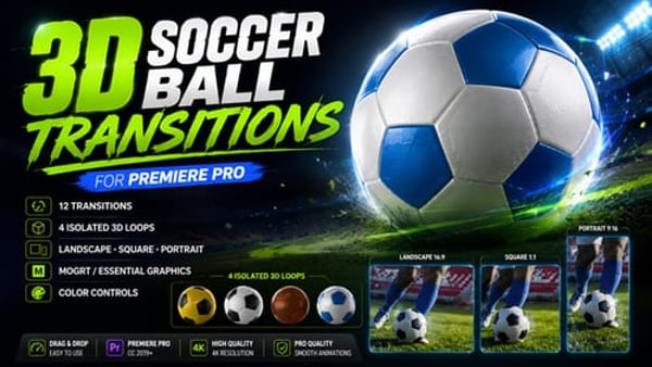 3D Soccer Ball Transitions for Premiere Pro – 12 Isolated Sports Overlays