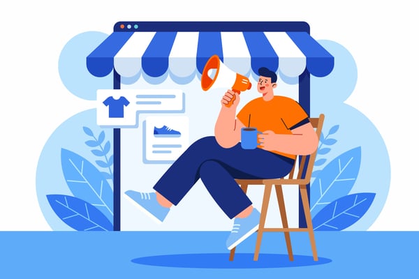 Entrepreneur promoting small shop merchandise sales megaphone illustration.