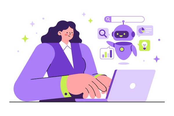 Woman digital assant workplace productivity illustration.