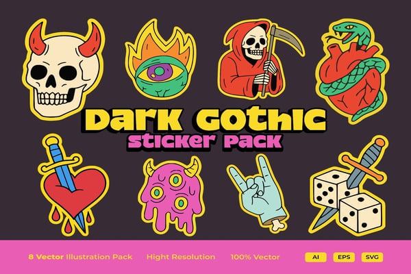 Dark Gothic Sticker Pack – 8 Alternative Vector Sticker Designs