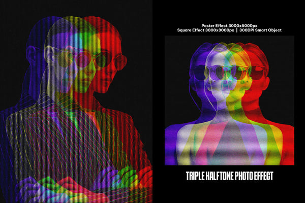 Triple Halftone Square And Poster Photo Effect