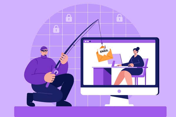 Security Threat hacker, fishing, email, screen, computer, mask, desk, phishing, alert. Editable stroke. Vector illustration.