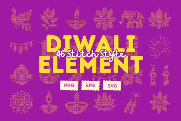 Free 46 Stitched Diwali Elements - Cross-Stitch Style Vector Pack