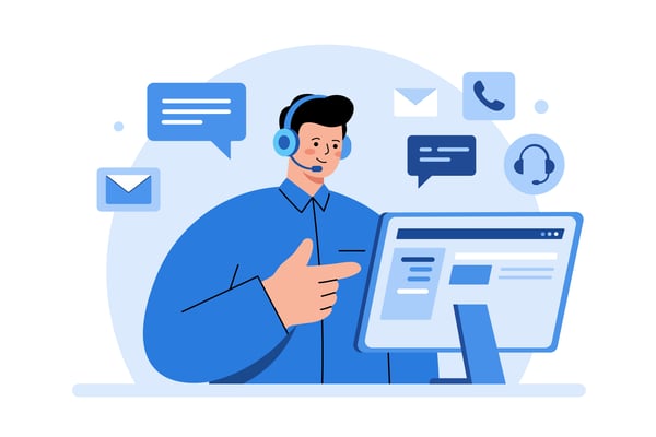 Customer support representative assing client through digital communication channels.