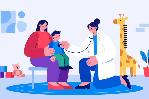 Free Doctor examining child parent in cheerful pediatric clinic illustration.