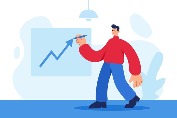 Upward at upward-trending graph in office workspace illustration.
