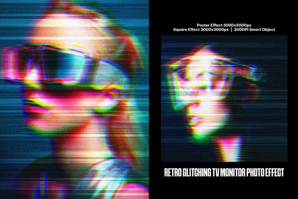 Retro Glitching TV Monitor Square And Poster Photo Effect