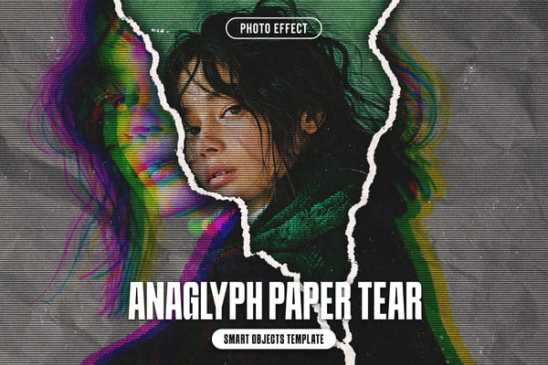 Anaglyph Paper Tear Photo Effect