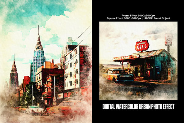 Digital Watercolor Urban Square And Poster Photo Effect