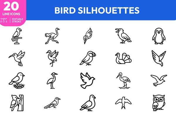 Silhouettes owl, pigeon, parrot, hummingb, crane, eagle, sparrow, duck, owl, owl, woodpecker, flamingo, penguin, raven, nightingale, heron, swan, finch, stork. Editable stroke. Vector illustration.